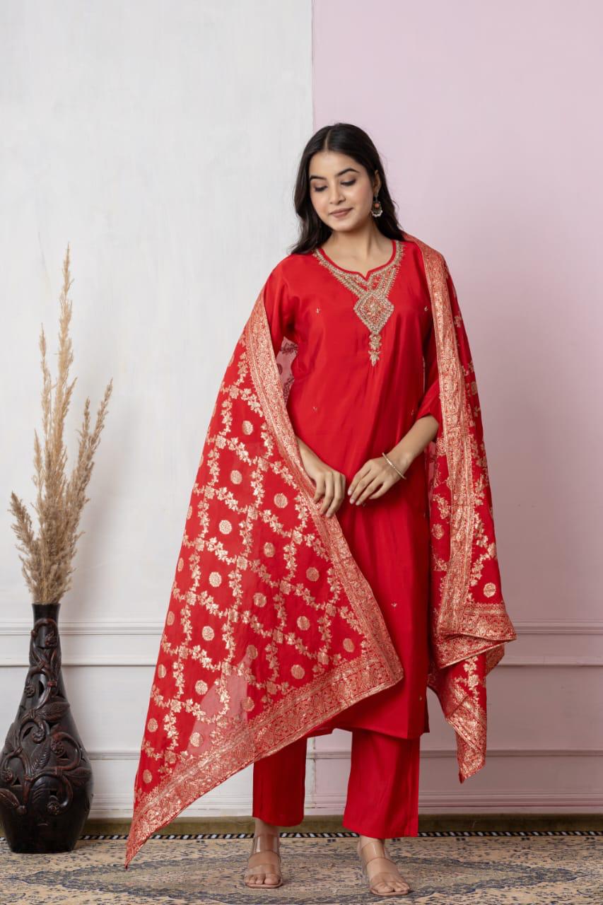 Royal Red Embroidered Kurta Set with Elegant Dupatta – Festive Wear Special