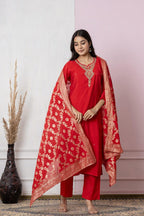 Royal Red Embroidered Kurta Set with Elegant Dupatta – Festive Wear Special