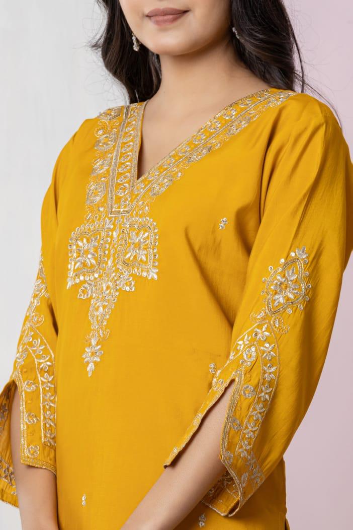 Mustard Radiance: Chanderi Silk Kurta Set with Intricate Gota Patti & Organza Dupatta