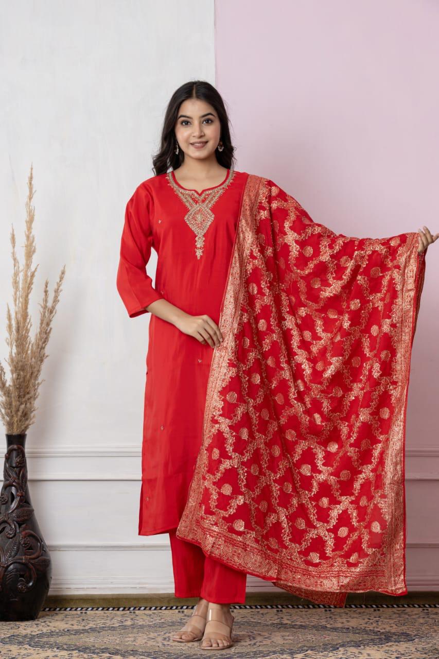 Royal Red Embroidered Kurta Set with Elegant Dupatta – Festive Wear Special