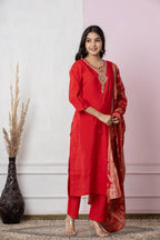 Royal Red Embroidered Kurta Set with Elegant Dupatta – Festive Wear Special