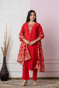 Royal Red Embroidered Kurta Set with Elegant Dupatta – Festive Wear Special