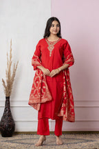 Royal Red Embroidered Kurta Set with Elegant Dupatta – Festive Wear Special