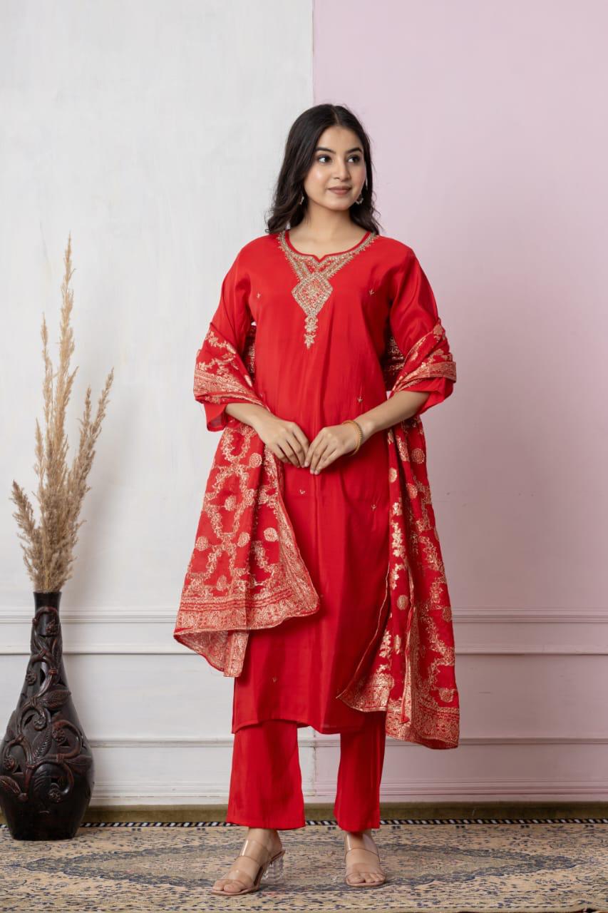 Royal Red Embroidered Kurta Set with Elegant Dupatta – Festive Wear Special