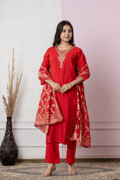 Royal Red Embroidered Kurta Set with Elegant Dupatta – Festive Wear Special