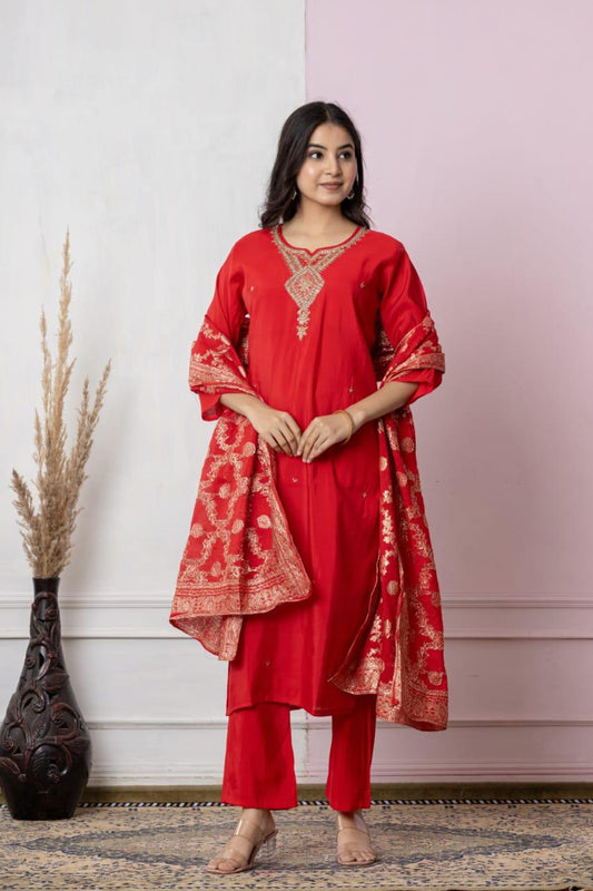 Royal Red Embroidered Kurta Set with Elegant Dupatta – Festive Wear Special