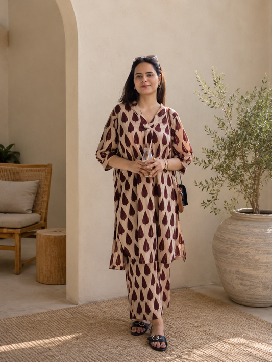 Maroon Leaf Print Comfort Wear Set
