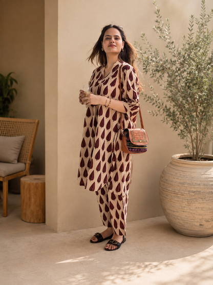 Maroon Leaf Print Comfort Wear Set