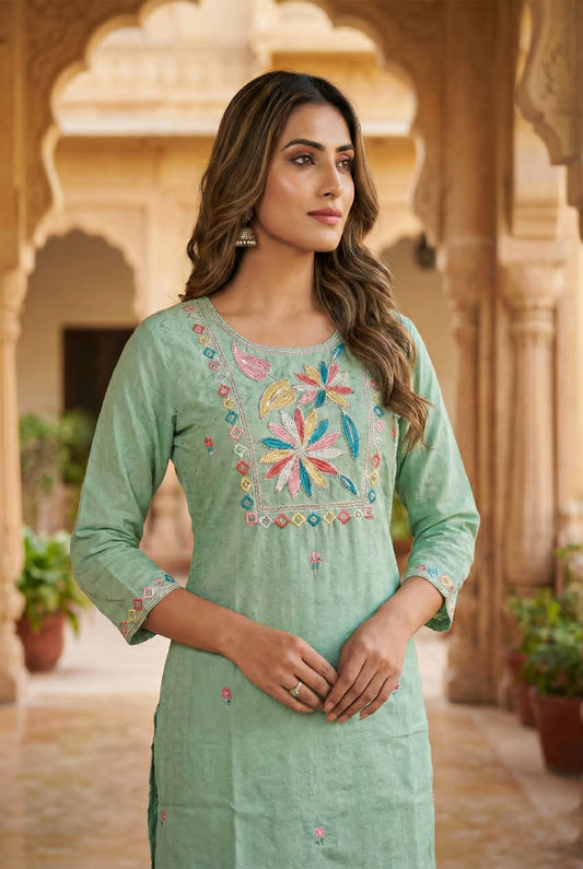 Mint Green Floral Embroidered Cotton Co-Ord Set