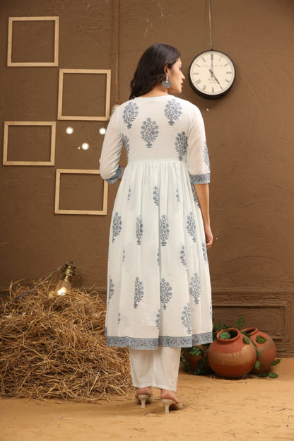 Ivory Blue Botanical Printed Cotton Co-Ord Set