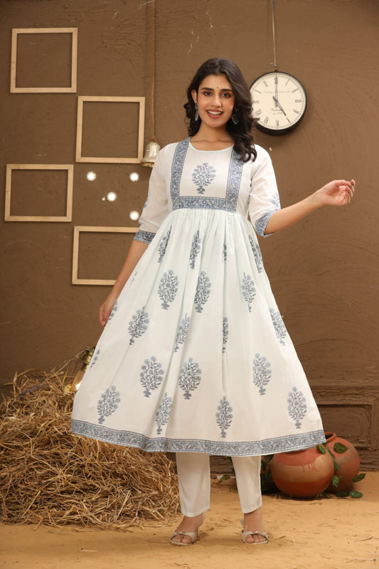 Ivory Blue Botanical Printed Cotton Co-Ord Set