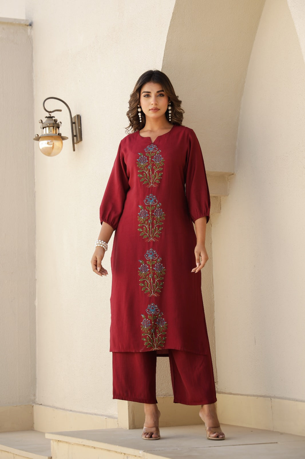 Maroon Floral Embroidered Cotton Co-Ord Set