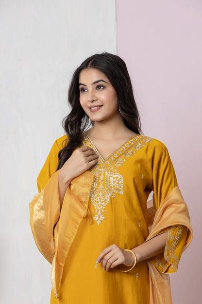 Mustard Gold Embroidered Cotton Co-Ord Set with Dupatta